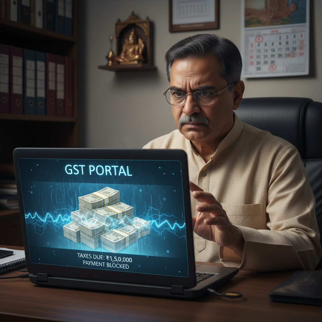 A business owner looking worried about the GST refund process blocking their funds.