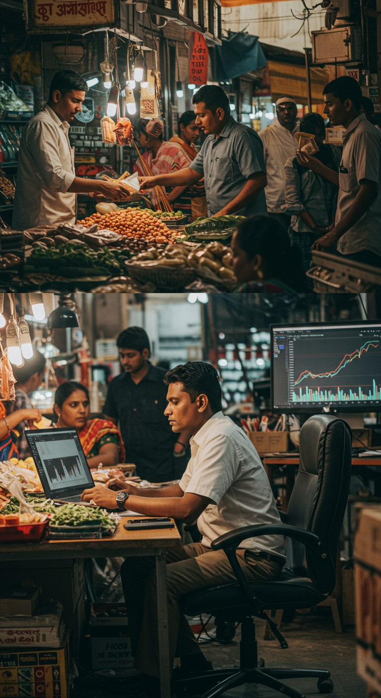 A split view of an Indian business owner managing sales and then reviewing financial data on a laptop.