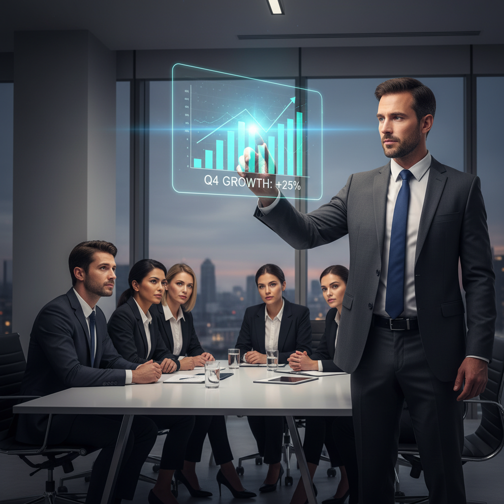 A chartered accountant presenting a growth chart to business executives.