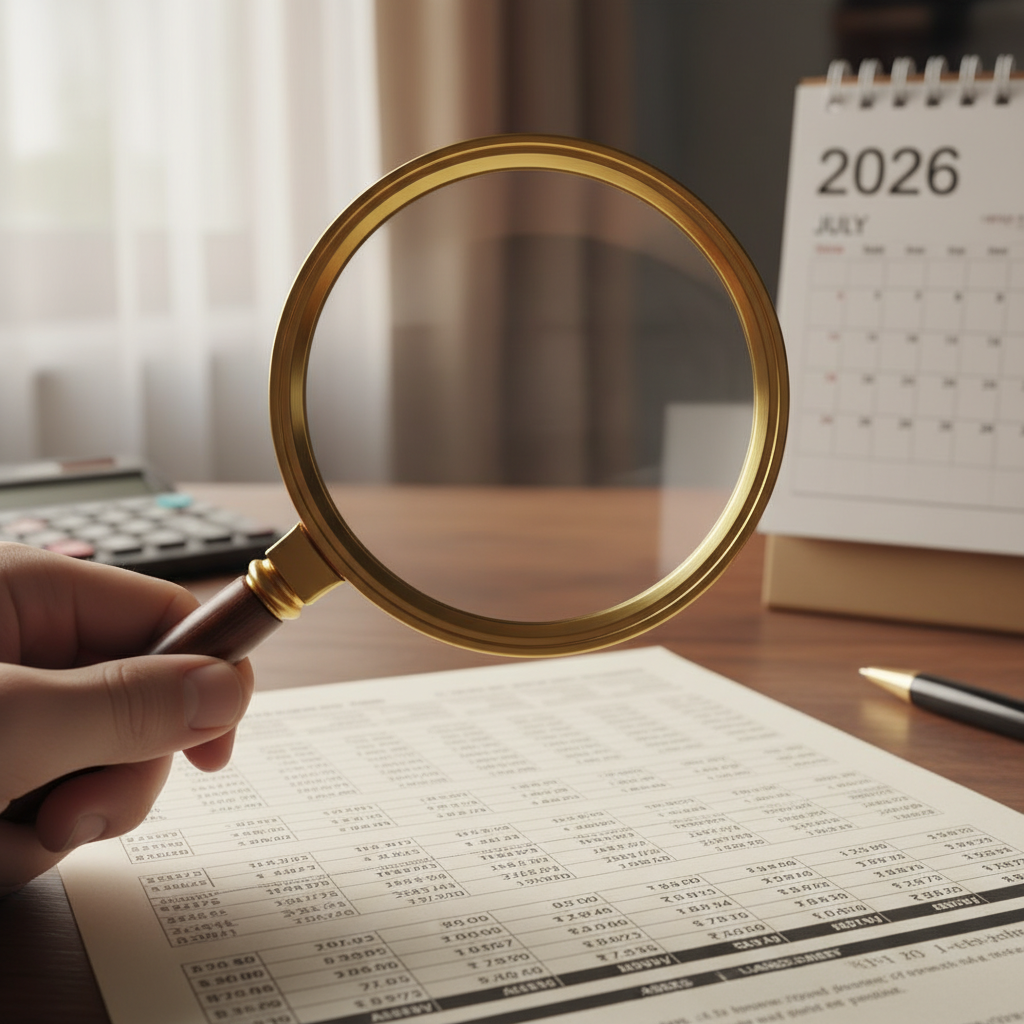 Magnifying glass examining a financial report for the year 2026.