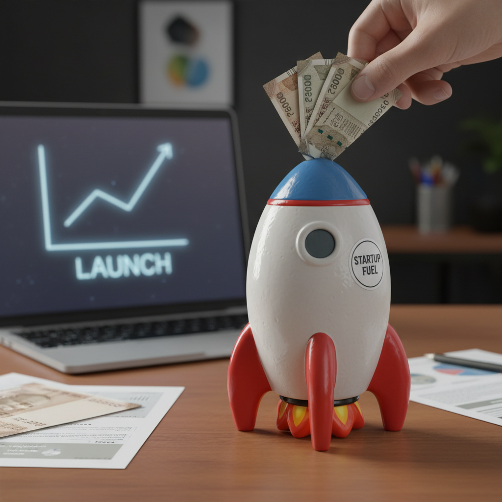 Indian currency being saved in a rocket-shaped piggy bank representing startup investment.