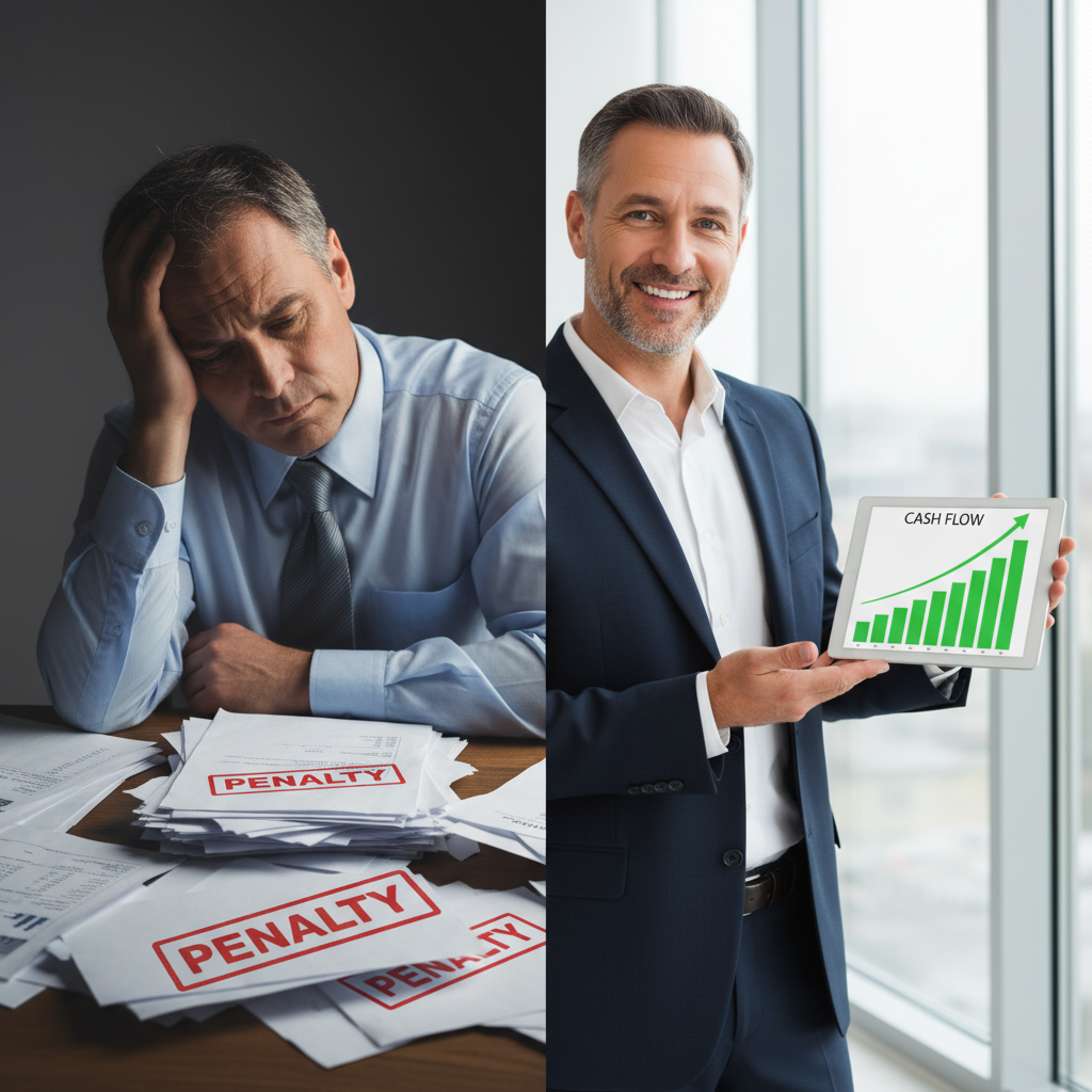A comparison of a stressed business owner with penalties and a happy one with good cash flow.