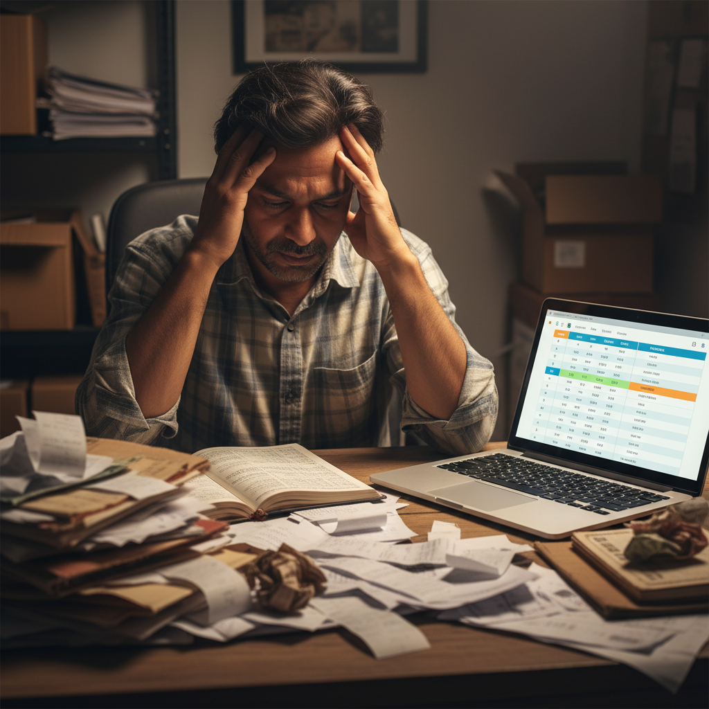 Overwhelmed business owner with messy paperwork contrasted with an organized digital ledger on a laptop.