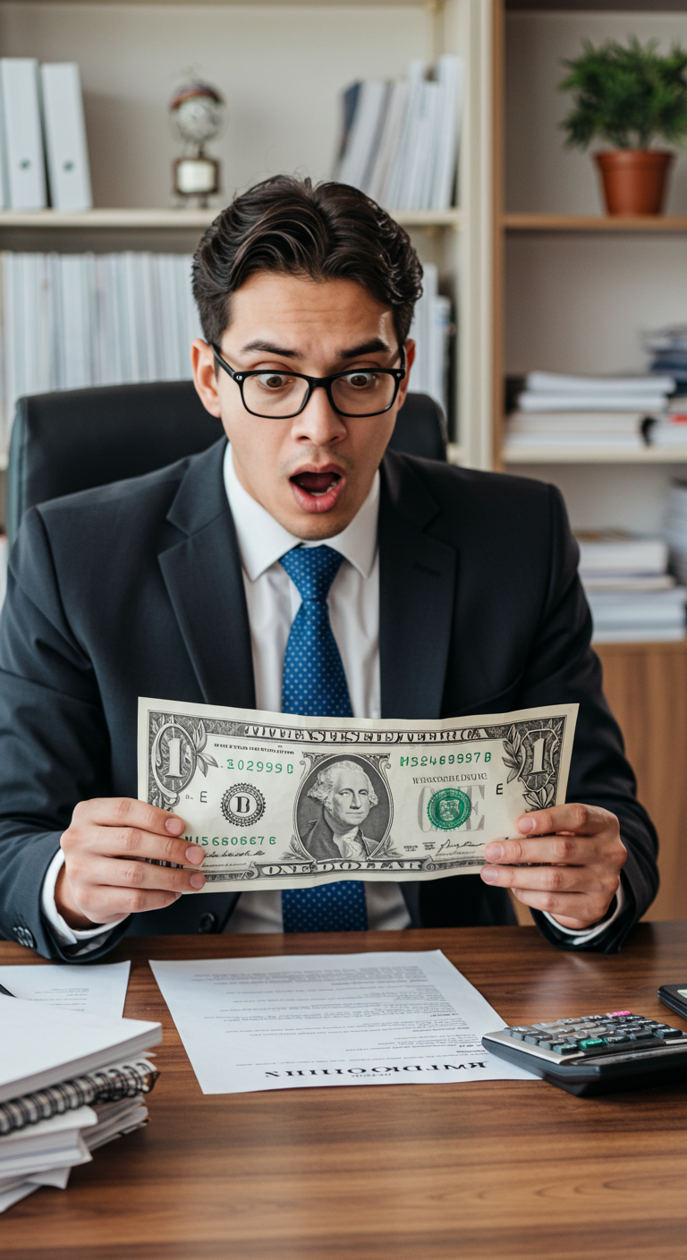 A business owner reacting with surprise to a large tax bill.