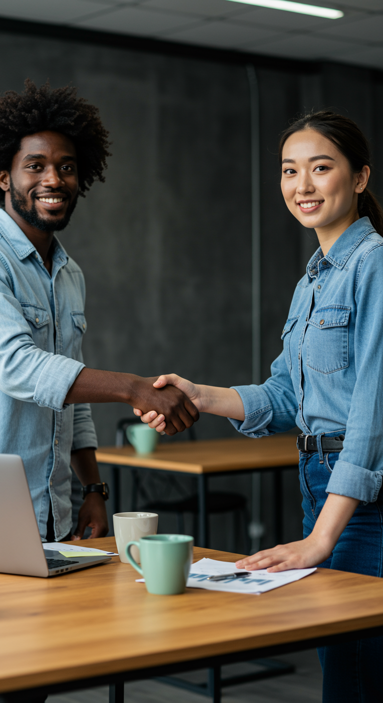 Two business partners shaking hands in an office to start their firm.