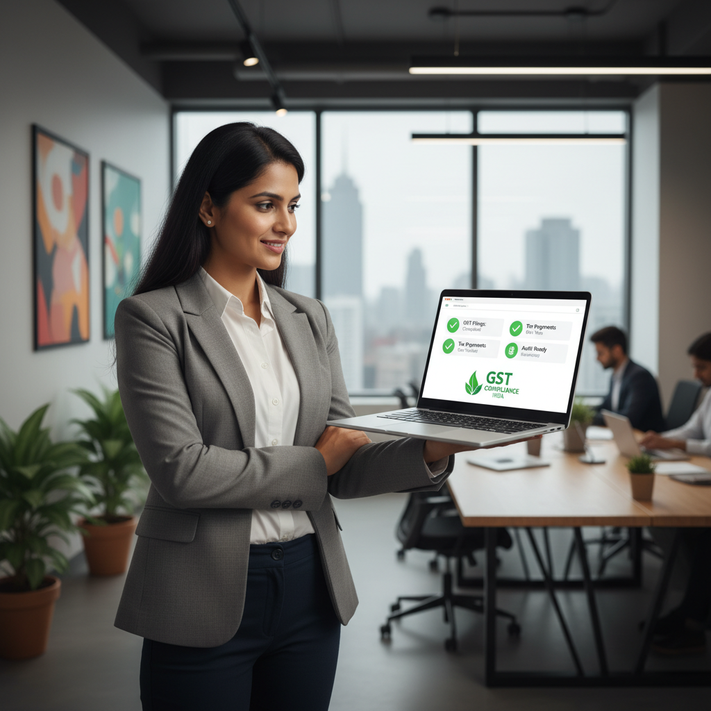Business owner confidently managing GST compliance on a laptop.