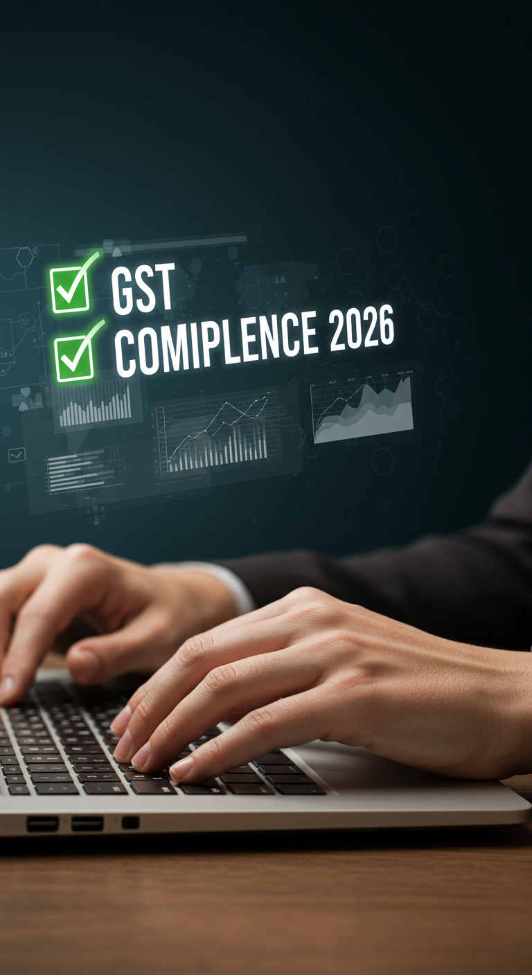 A business owner confidently managing their 2026 GST compliance on a laptop.