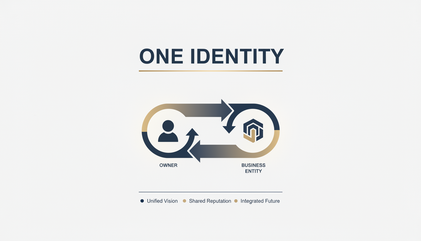proprietorship firm - professional minimalist infographic showing the relationship between the owner and the business entity, highlighting 'One Identity' concept