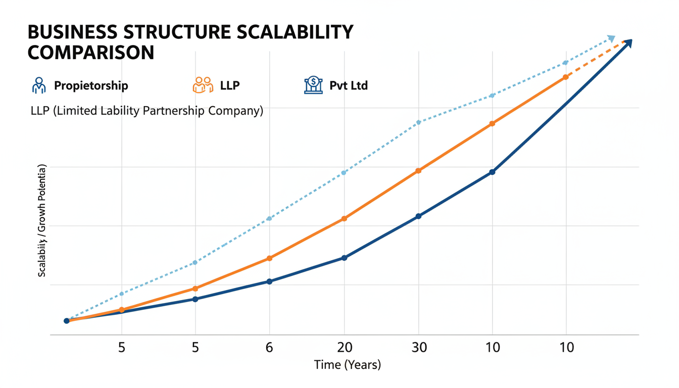 proprietorship firm - comparison chart graphic showing the scalability of Proprietorship vs LLP vs Pvt Ltd over time