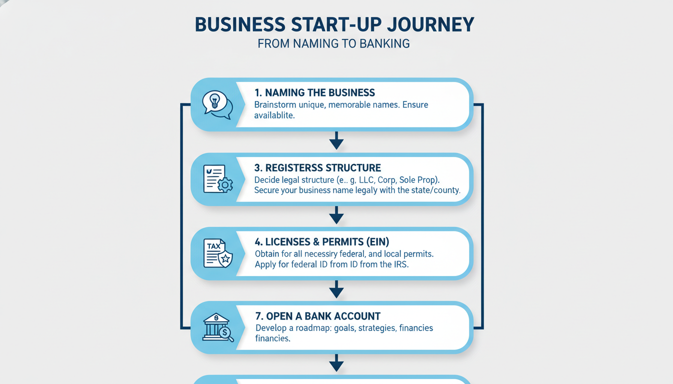 proprietorship firm - detailed step-by-step flowchart illustrating the 7 steps from naming the business to opening a bank account