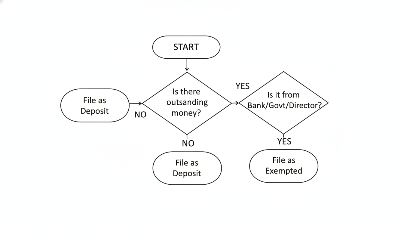 DPT 3 Form Filing Guide 2026: 9 Critical Compliance Steps & Rules 1 DPT 3 Form - professional minimalist flowchart showing the decision tree for DPT-3 applicability: Start > Is there outstanding money? > Yes > Is it from Bank/Govt/Director? > Yes > File as Exempted Deposit. No > File as Deposit.