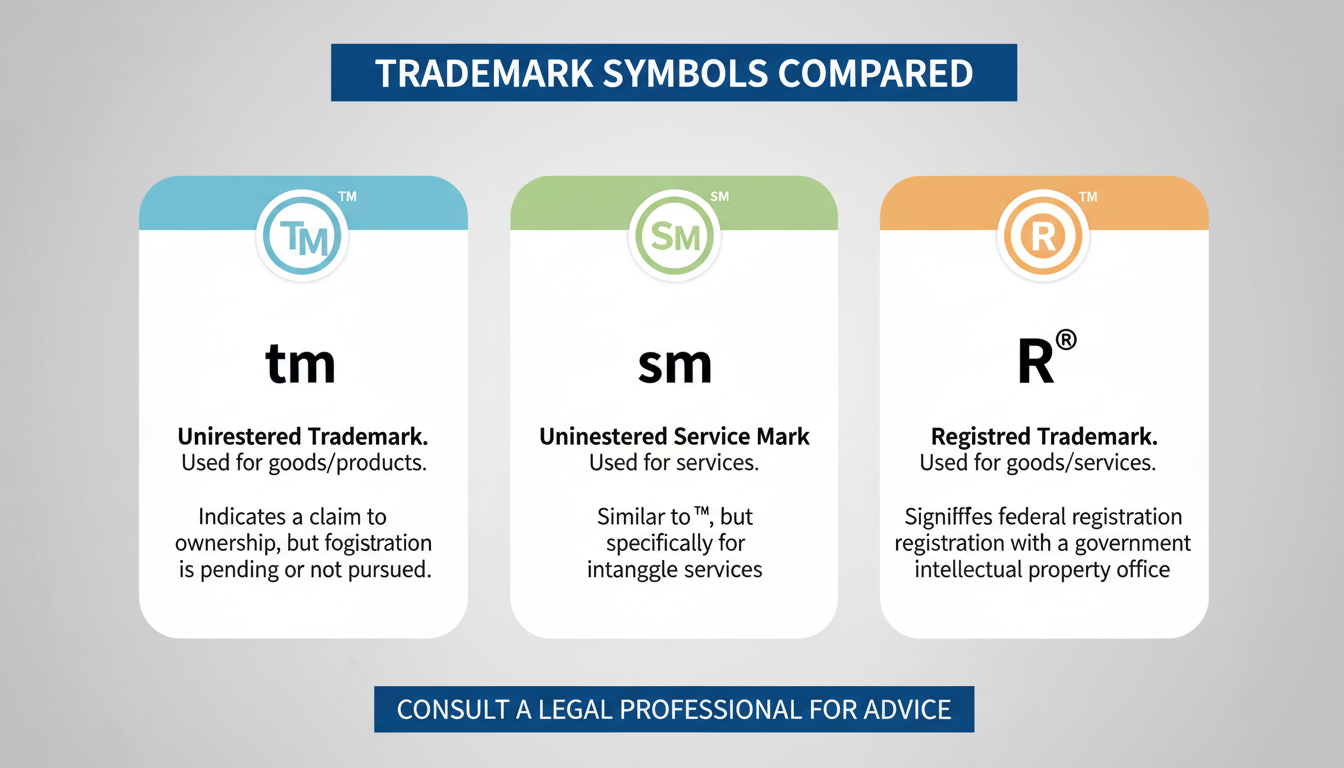 Download Trademark Certificate Online in 5 Easy Steps (2026) 2 Download Trademark Certificate - A high-quality graphic comparing the TM, SM, and R symbols, with clear icons and explanations for each.
