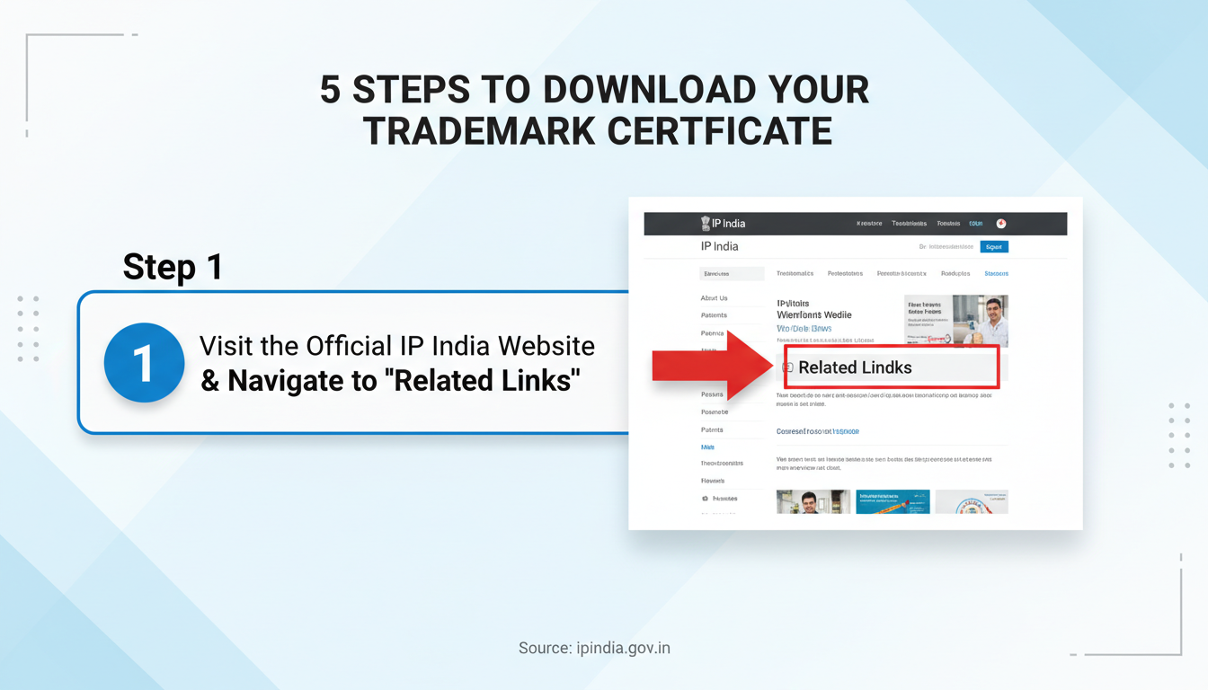 Download Trademark Certificate Online in 5 Easy Steps (2026) 1 Download Trademark Certificate - A clean, step-by-step infographic diagram showing the 5 steps to download a trademark certificate, with screenshots of the IP India website for each stage.