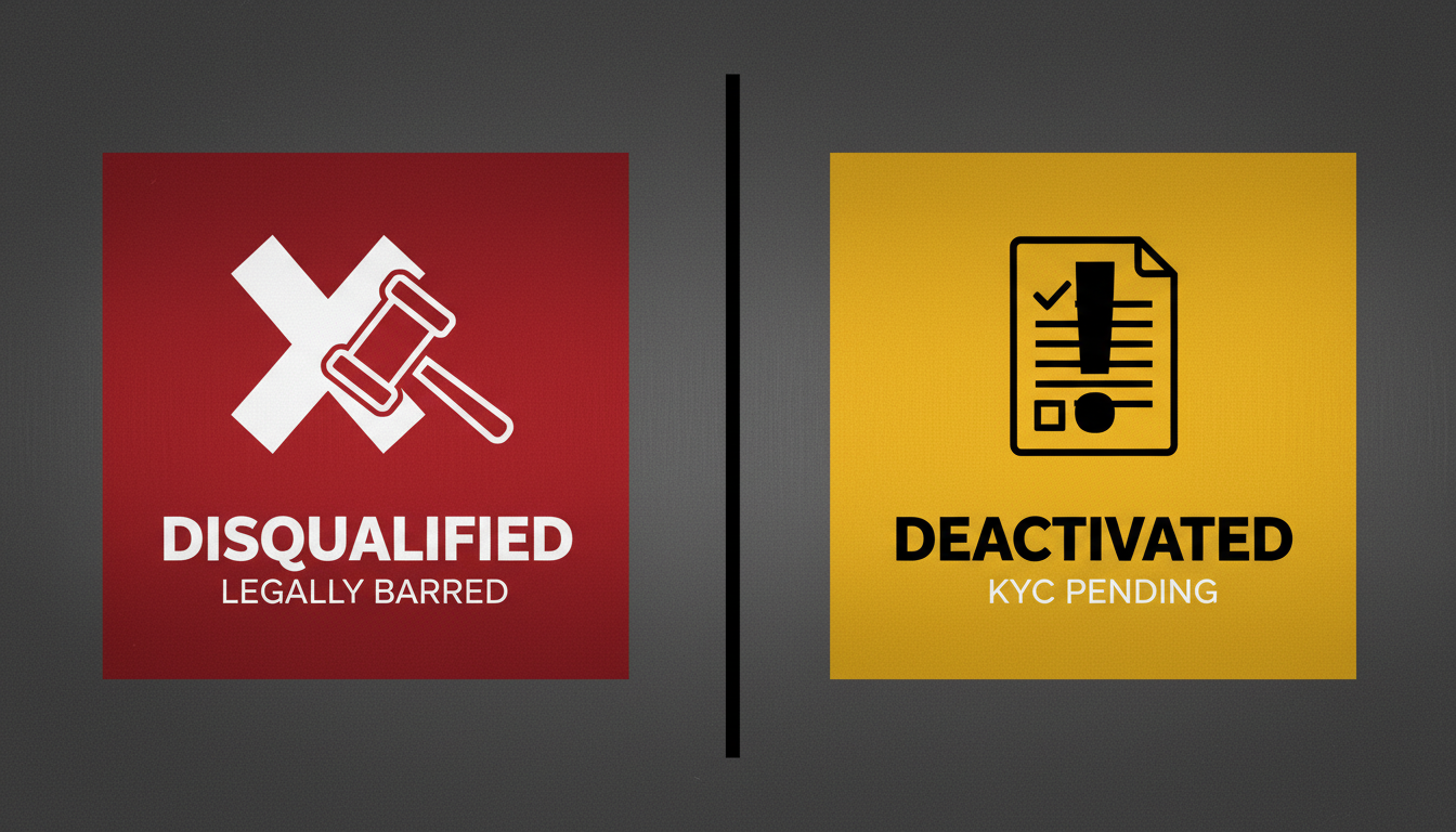 DIN Number Search - A high-contrast comparison graphic visually showing the difference between a 'Disqualified' status (red 'X', icon of a gavel, text 'Legally Barred') and a 'Deactivated' status (yellow '!', icon of a form, text 'KYC Pending').