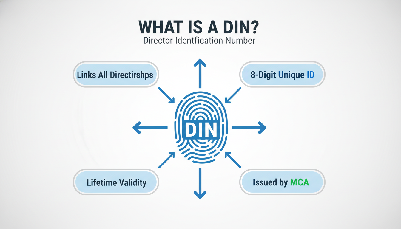 DIN Number Search - A clean, modern infographic explaining what a DIN is. It should show a central icon of a fingerprint labeled 'DIN' with arrows pointing to key attributes: '8-Digit Unique ID', 'Issued by MCA', 'Lifetime Validity', and 'Links All Directorships'.