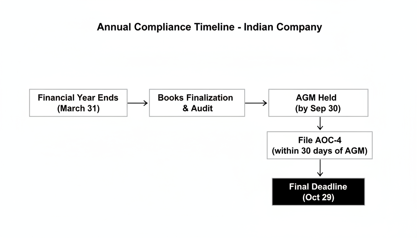 AOC 4 Due Date 2026: The Definitive Guide to On-Time Filing 1 AOC 4 due date - Professional minimalist flowchart showing the annual compliance timeline for an Indian company. Start with 'Financial Year Ends (March 31)', arrow to 'Books Finalization & Audit', arrow to 'AGM Held (by Sep 30)', arrow to 'File AOC-4 (within 30 days of AGM)', ending with 'Final Deadline (Oct 29)'.