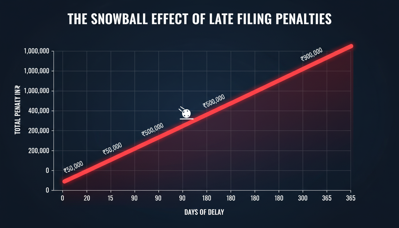 AOC 4 Due Date 2026: The Definitive Guide to On-Time Filing 2 AOC 4 due date - A dramatic data trend graph titled 'The Snowball Effect of Late Filing Penalties'. The X-axis shows 'Days of Delay' (0 to 365) and the Y-axis shows 'Total Penalty in ₹'. The line should show a steep, linear increase, visually emphasizing how quickly the cost grows.