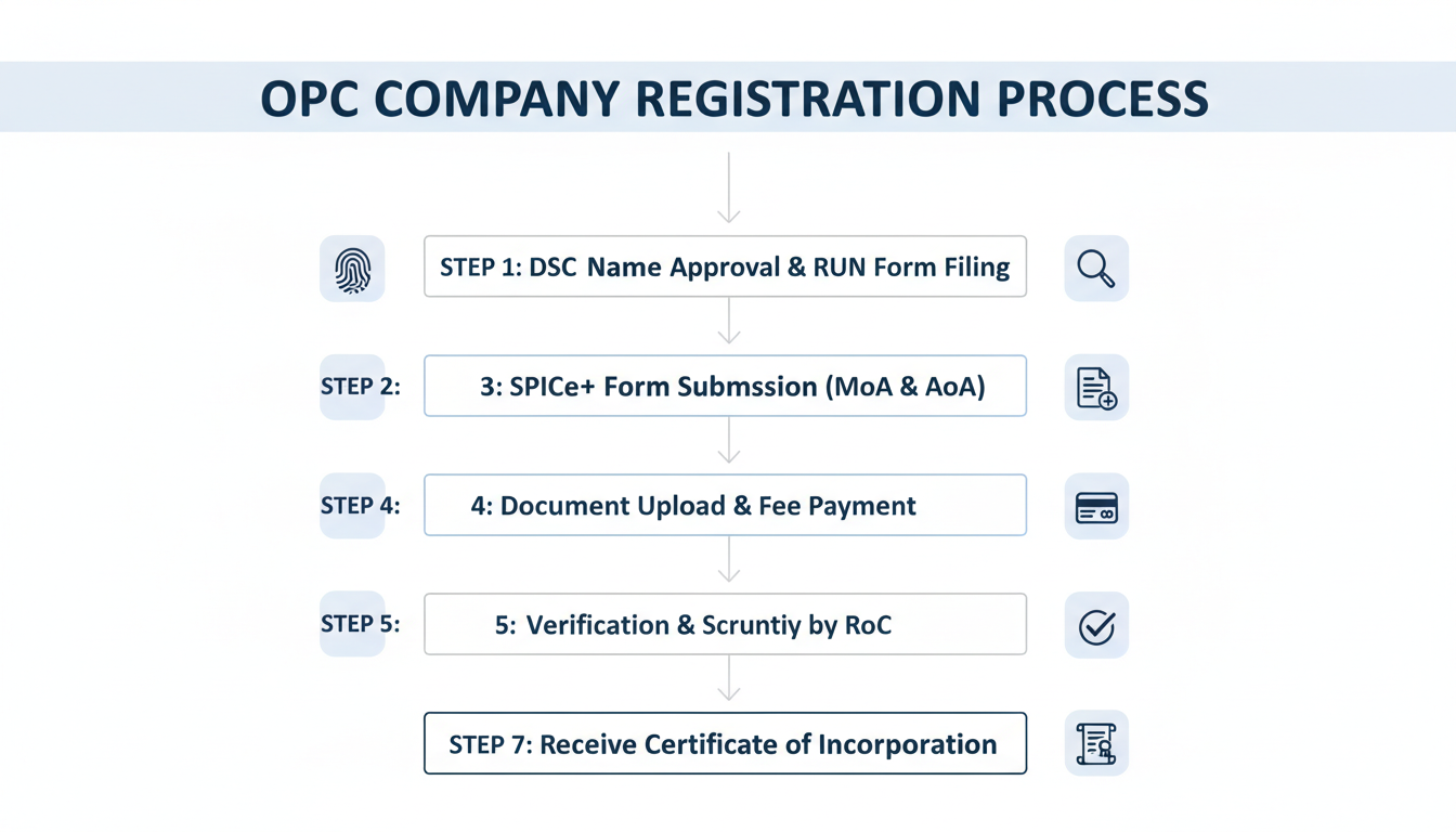 OPC Company Registration in India (2026): The Definitive Guide 1 OPC company registration - Professional minimalist flowchart showing the 7-step OPC company registration process, from DSC application to receiving the Certificate of Incorporation.