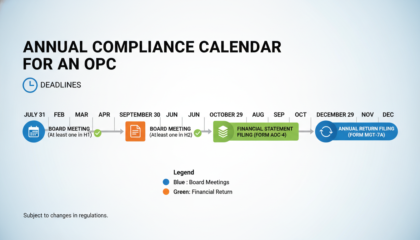 OPC Company Registration in India (2026): The Definitive Guide 2 OPC company registration - A clean, modern infographic titled 'Annual Compliance Calendar for an OPC'. It should visually represent a timeline with key filing deadlines like Board Meetings, Financial Statement Filing (AOC-4), and Annual Return (MGT-7A).