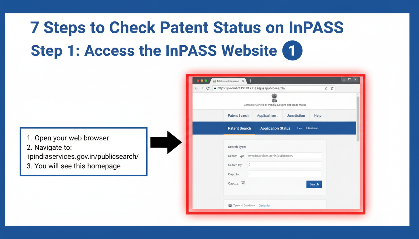 Indian patent application status - A clean, step-by-step diagram illustrating the 7 steps to check patent status on the InPASS website, with screenshots for each step highlighted with red boxes.