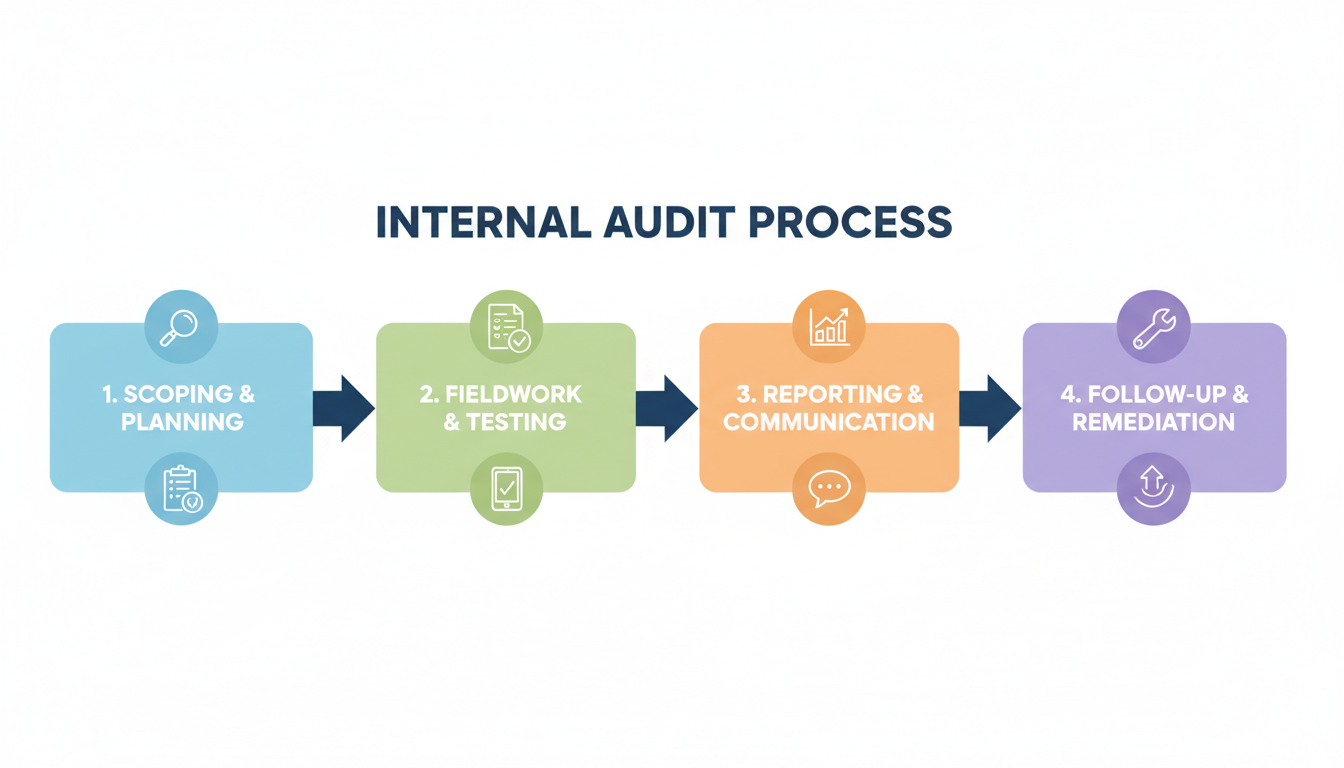 Internal Audit Applicability 2026: A Guide for Your Business 2 Internal Audit Applicability - A simple 4-step flowchart diagram illustrating the internal audit process: 1. Scoping & Planning, 2. Fieldwork & Testing, 3. Reporting & Communication, 4. Follow-up & Remediation.