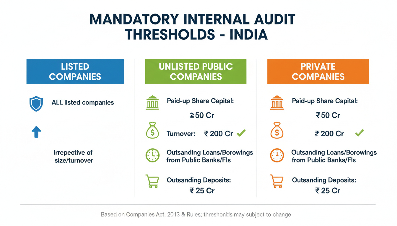 Internal Audit Applicability 2026: A Guide for Your Business 1 Internal Audit Applicability - A clean, professional infographic visually representing the mandatory internal audit thresholds for Listed, Unlisted Public, and Private companies in India.