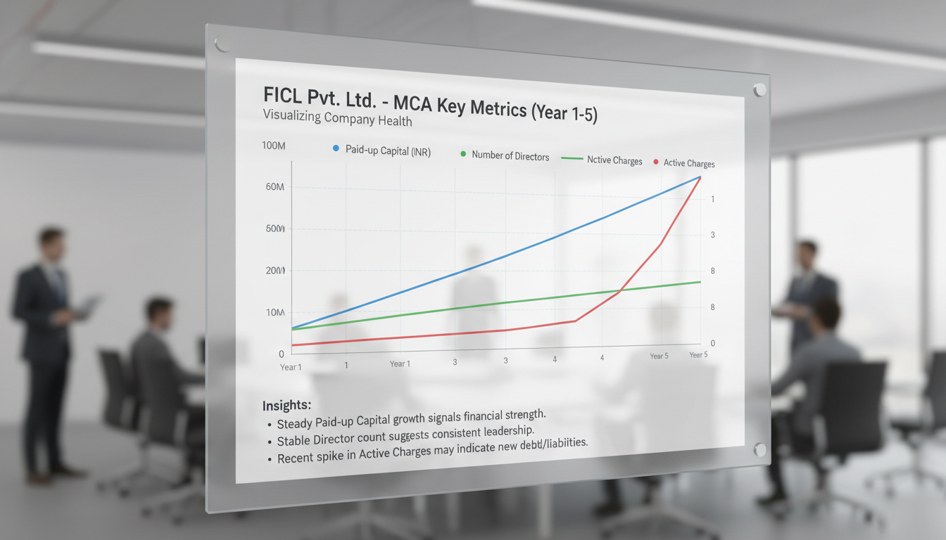 MCA Master Data: The Ultimate Guide for Due Diligence (2026) 3 MCA Master Data - A clean, modern data trend graph showing a fictional company's key MCA metrics over 5 years. Lines for 'Paid-up Capital' (steady increase), 'Number of Directors' (stable), and 'Active Charges' (a recent spike) are plotted to show how to visualize company health.