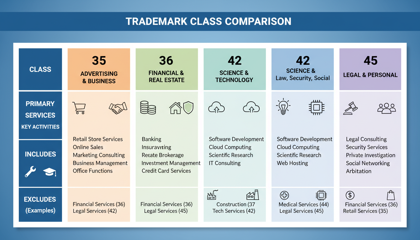 Trademark Class 35 - A detailed comparison table as a high-quality graphic, visually contrasting Trademark Class 35 with Class 36, Class 42, and Class 45, using icons and clear examples for each.