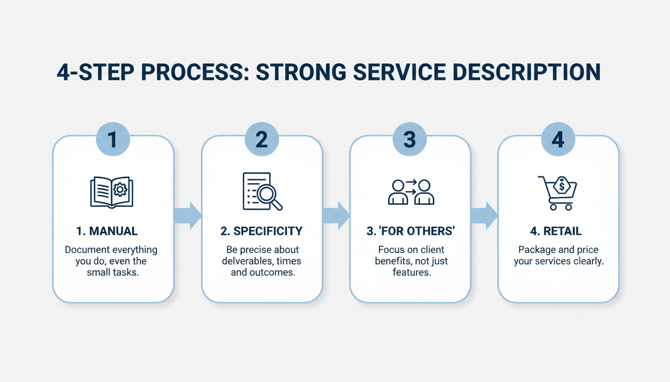 Trademark Class 35 - A step-by-step diagram illustrating the 4-step process for writing a strong service description, with icons for each step: Manual, Specificity, 'For Others', and Retail.