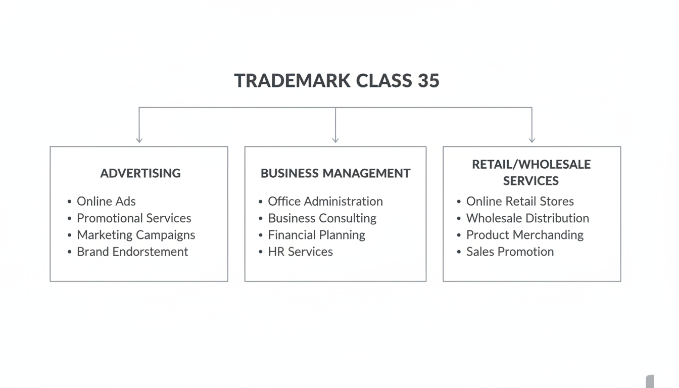 Trademark Class 35 - Professional minimalist flowchart showing the three main pillars of Trademark Class 35: Advertising, Business Management, and Retail/Wholesale Services, with specific examples under each pillar.