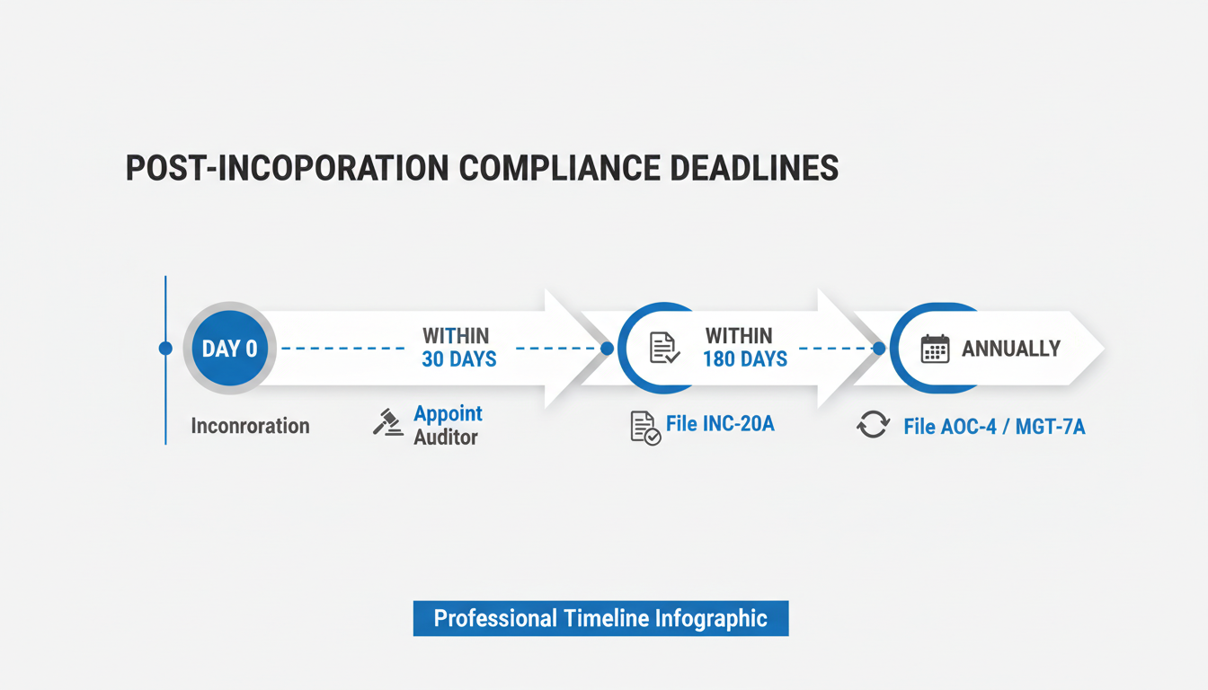 Company Registration in India - A professional timeline infographic showing post-incorporation compliance deadlines: Day 0 (Incorporation), Within 30 Days (Appoint Auditor), Within 180 Days (File INC-20A), and Annually (File AOC-4/MGT-7A).