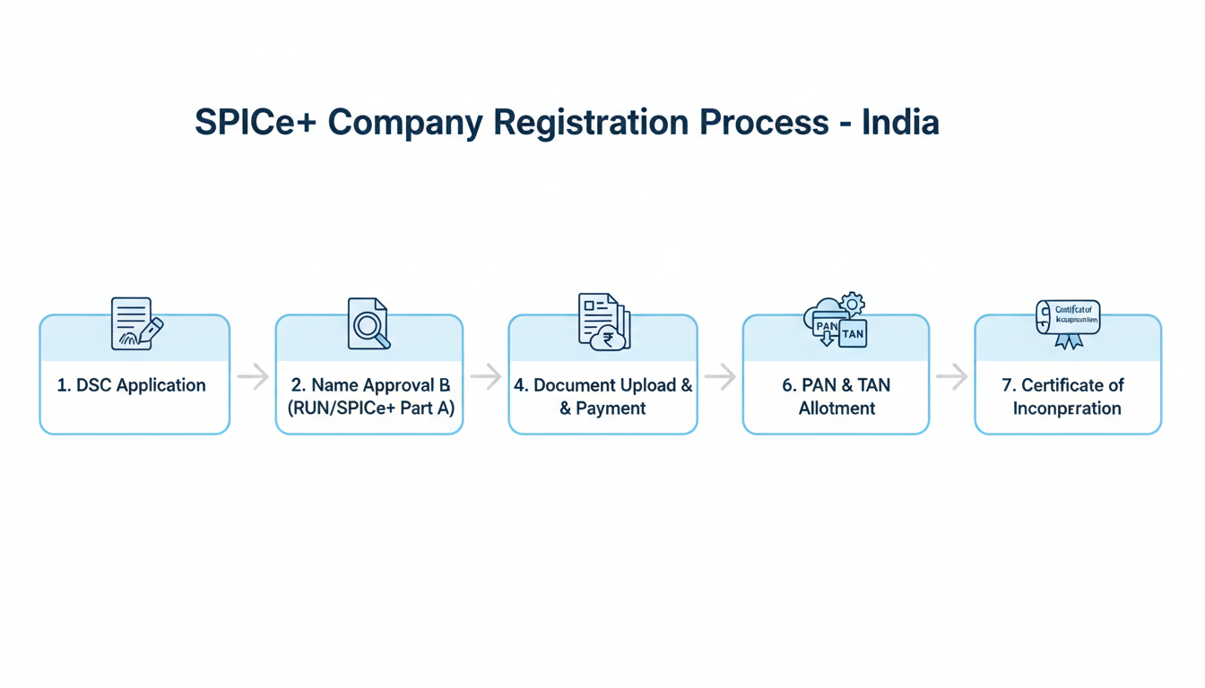 Company Registration in India - A clean, minimalist flowchart illustrating the 7 key steps of the SPICe+ company registration process in India, from DSC to receiving the Certificate of Incorporation.
