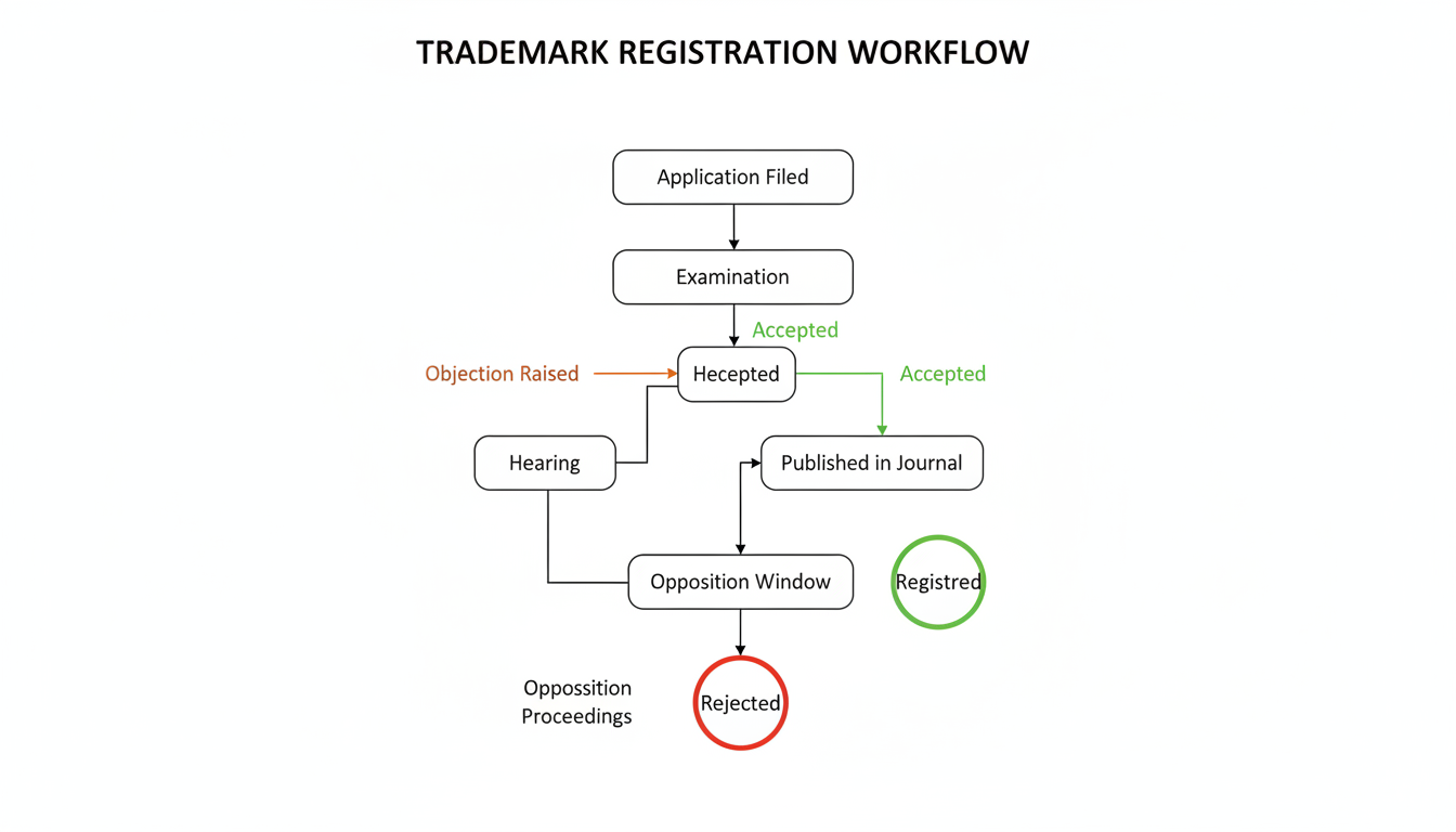 trademark registration fees - A professional minimalist flowchart showing the trademark registration workflow. Start with 'Application Filed', then branch to 'Examination'. From 'Examination', have two paths: 'Accepted' (green arrow) leading to 'Published in Journal', and 'Objection Raised' (orange arrow) leading to 'File Response'. From 'File Response', an arrow leads to a 'Hearing' box, which then points back to 'Accepted' or 'Rejected'. The 'Published' box has an arrow to 'Opposition Window', which can lead to 'Registered' (green) or 'Opposition Proceedings' (red).