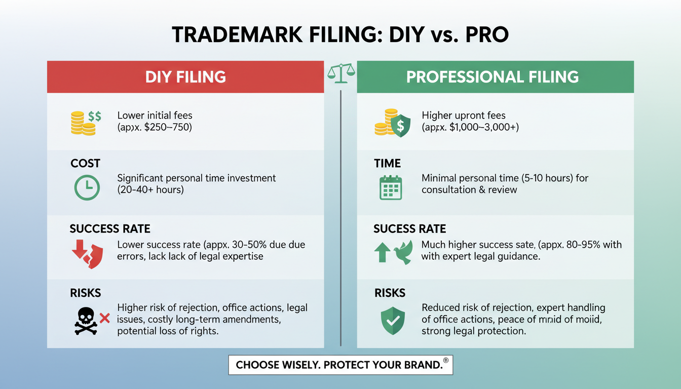 trademark registration fees - A high-quality infographic comparing DIY vs. Professional trademark filing, showing columns for 'Cost', 'Time', 'Success Rate', and 'Risks'. The DIY column highlights lower initial cost but higher risks of rejection and long-term expenses. The Professional column shows a higher upfront fee but a much higher success rate and peace of mind.