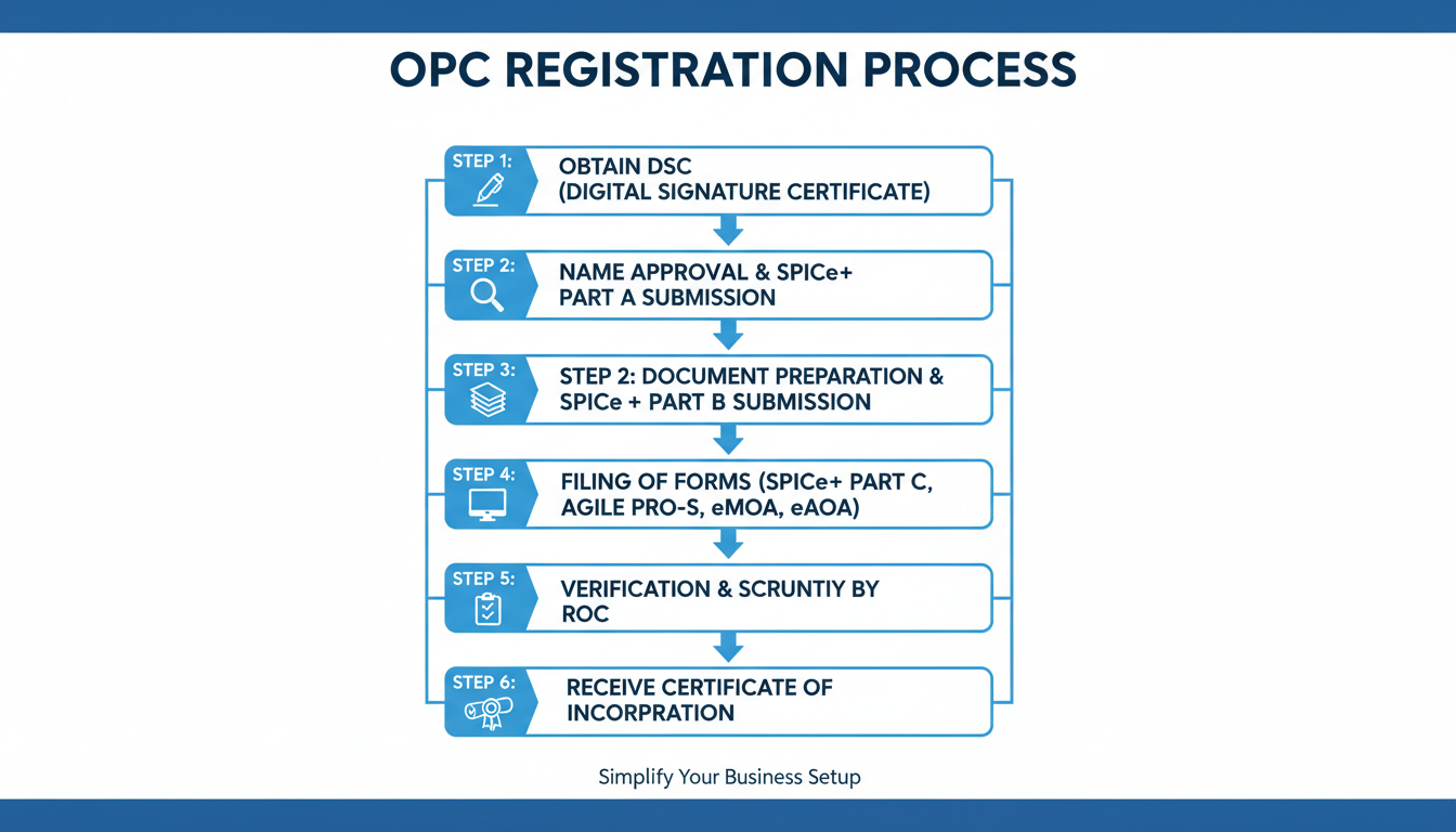 One Person Company - Clean and professional flowchart diagram illustrating the 6-step OPC registration process, from obtaining a DSC to receiving the Certificate of Incorporation.