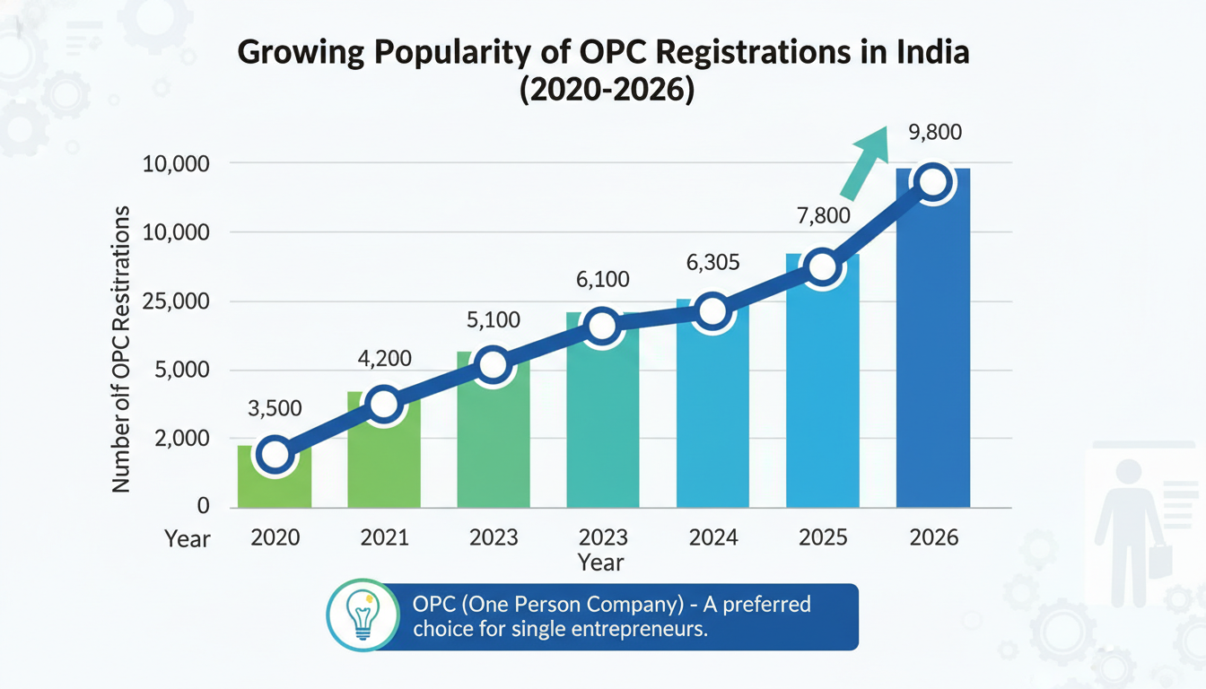 One Person Company - Data trend graph showing the increasing number of OPC registrations in India from 2020 to 2026, highlighting its growing popularity among entrepreneurs.
