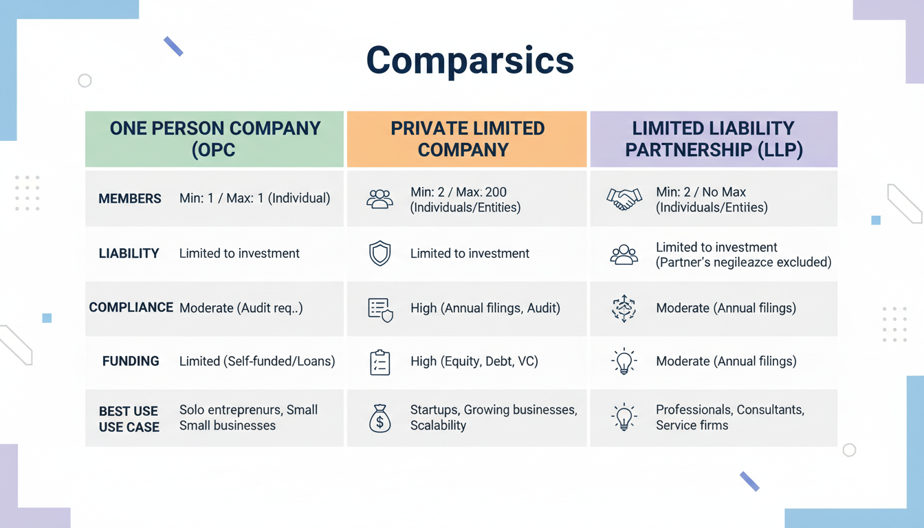 One Person Company - High-quality comparison chart graphic visualizing the key differences between OPC, Private Limited Company, and LLP across 5 key metrics: Members, Liability, Compliance, Funding, and Best Use Case.
