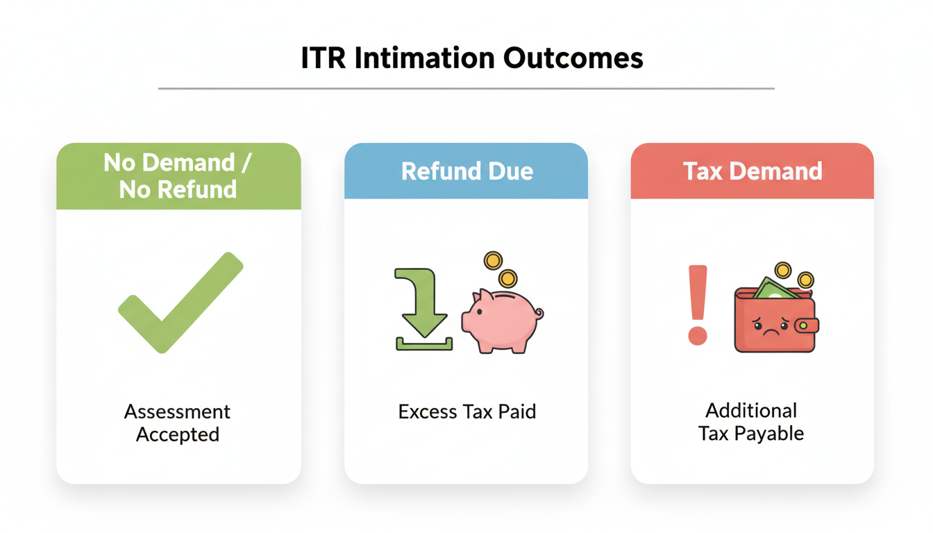 ITR intimation password - A clean, three-column graphic comparing the three outcomes of an ITR intimation. Column 1: 'No Demand / No Refund' with a green checkmark. Column 2: 'Refund Due' with a green arrow pointing down and a piggy bank icon. Column 3: 'Tax Demand' with a red exclamation mark and a wallet icon.