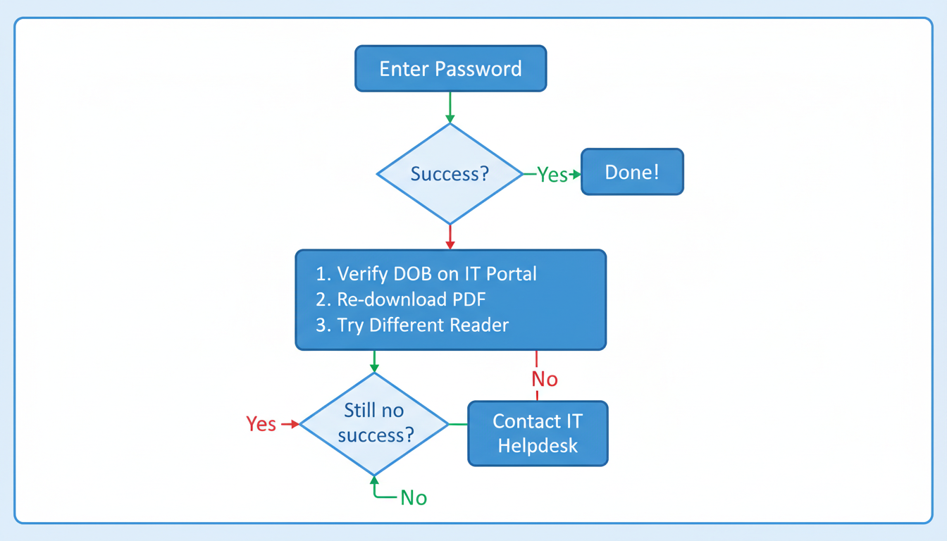 ITR intimation password - A simple flowchart diagram for troubleshooting the ITR intimation password. Starts with 'Enter Password'. Arrow to 'Success?' If Yes, arrow to 'Done!'. If No, arrow to a box with three checks: '1. Verify DOB on IT Portal', '2. Re-download PDF', '3. Try Different Reader'. If still no success, arrow to 'Contact IT Helpdesk'.