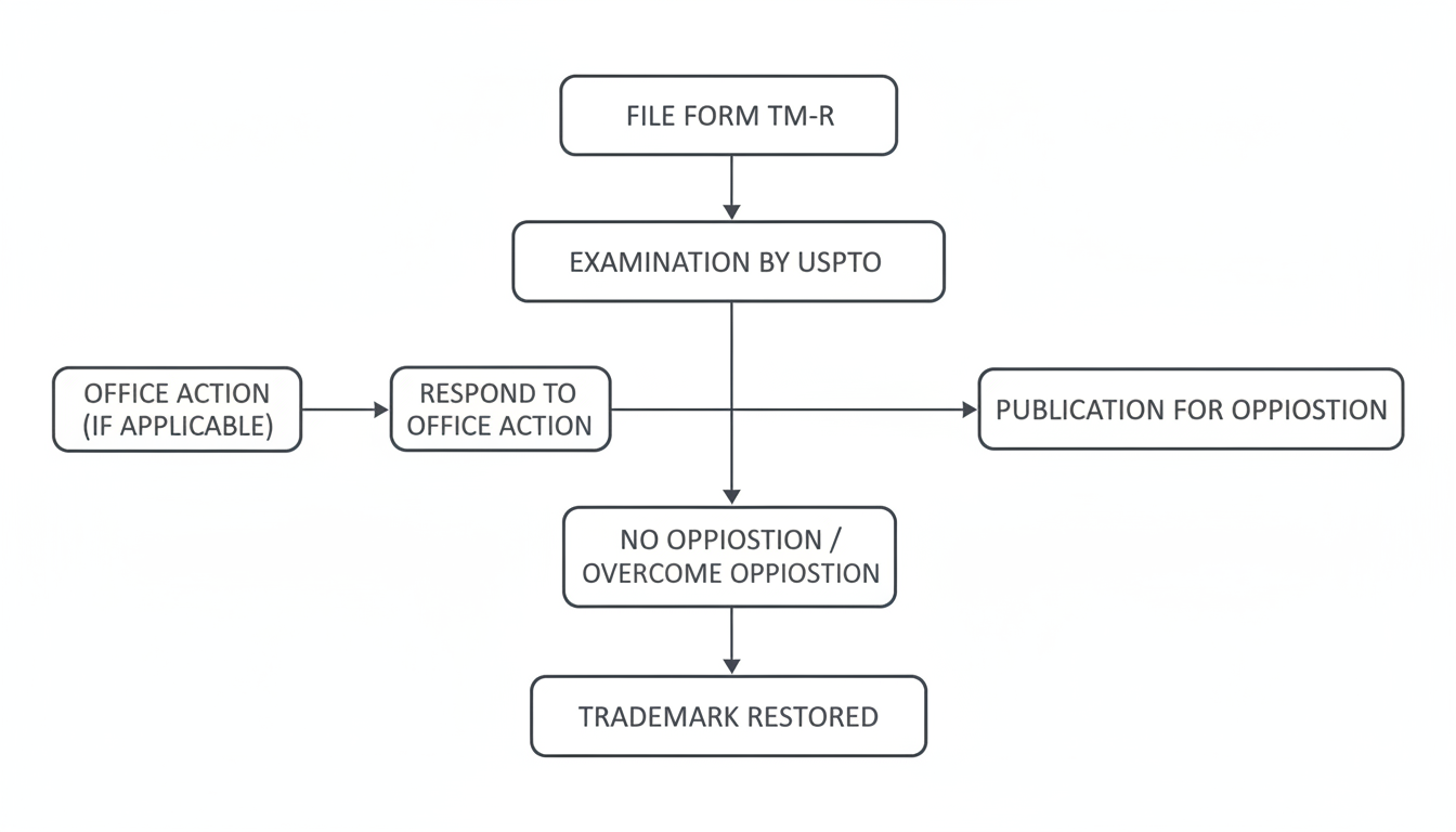Trademark Renewal India - A professional minimalist flowchart showing the 6 steps of the trademark restoration process, from 'File Form TM-R' to 'Trademark Restored'.