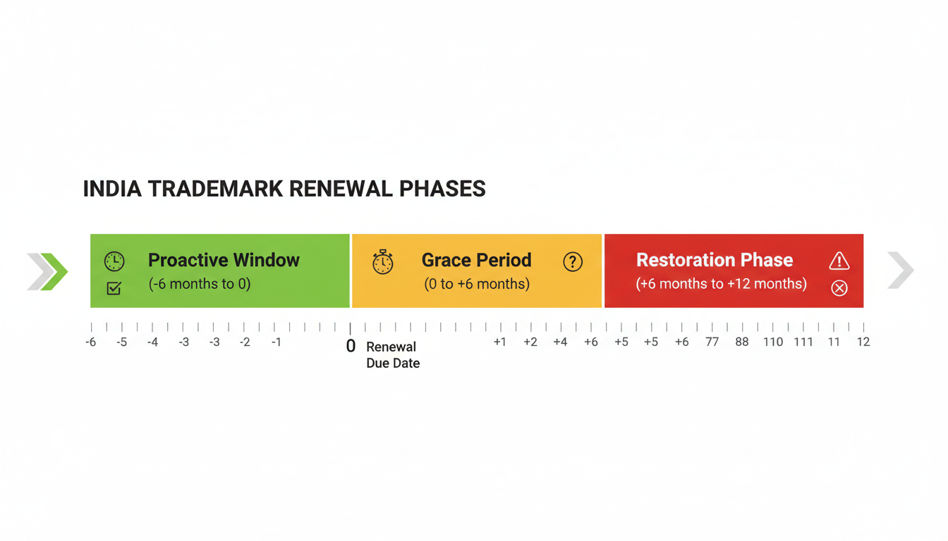 Trademark Renewal India - A clean, modern timeline infographic visually representing the three trademark renewal phases in India: a green "Proactive Window" (-6 months to 0), a yellow "Grace Period" (0 to +6 months), and a red "Restoration Phase" (+6 months to +12 months).