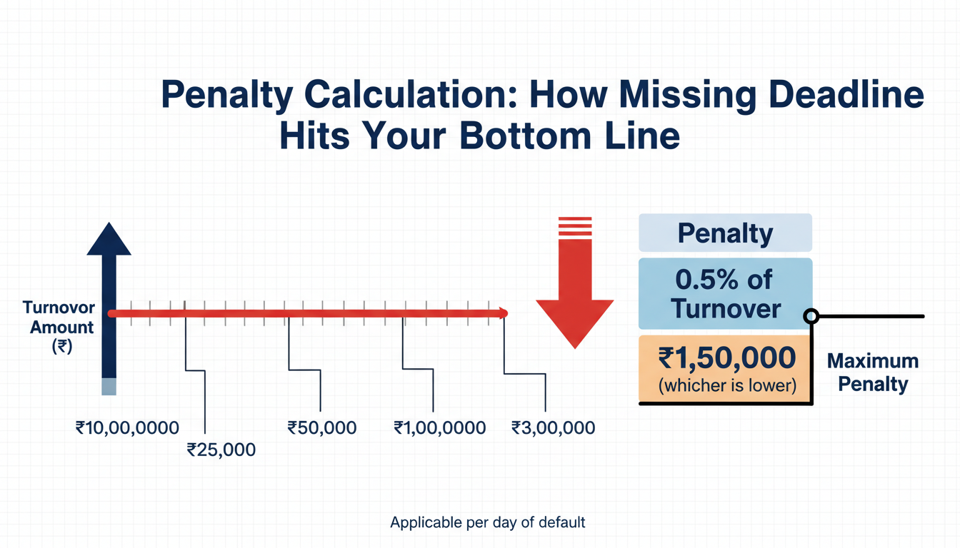Tax Audit Due Date 2026: Your Ultimate Guide to Section 44AB 2 Tax Audit Due Date - A data graphic titled "Penalty Calculation: How Missing the Deadline Hits Your Bottom Line" showing a visual scale where a turnover amount points to the corresponding penalty, highlighting the 0.5% vs ₹1,50,000 rule.