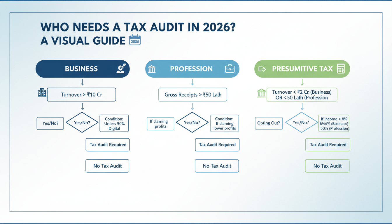 Tax Audit Due Date 2026: Your Ultimate Guide to Section 44AB 1 Tax Audit Due Date - A clean, modern infographic titled "Who Needs a Tax Audit in 2026? A Visual Guide" showing three paths for Business, Profession, and Presumptive Tax with clear turnover limits and conditions.