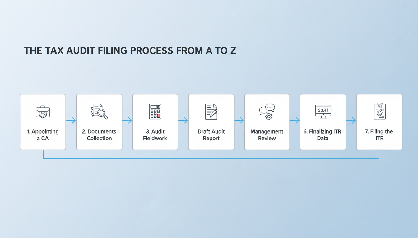 Tax Audit Due Date 2026: Your Ultimate Guide to Section 44AB 3 Tax Audit Due Date - A professional minimalist flowchart titled "The Tax Audit Filing Process from A to Z" showing the 7 steps from Appointing a CA to Filing the ITR, with clear arrows and icons for each stage.
