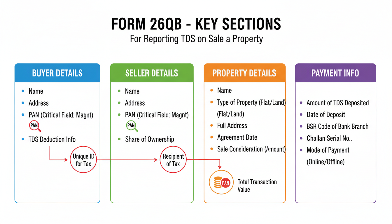 Form 26QB - Detailed infographic showing the 4 key sections of Form 26QB: Buyer Details, Seller Details, Property Details, and Payment Info, with callouts for critical fields like PAN and Sale Consideration.