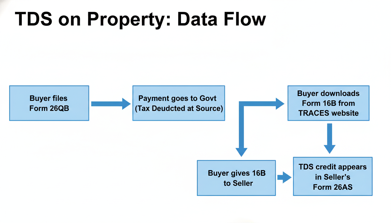Form 26QB - A simple flowchart diagram showing the data flow: Buyer files Form 26QB -> Payment goes to Govt -> Buyer downloads Form 16B from TRACES -> Buyer gives 16B to Seller -> TDS credit appears in Seller's Form 26AS.