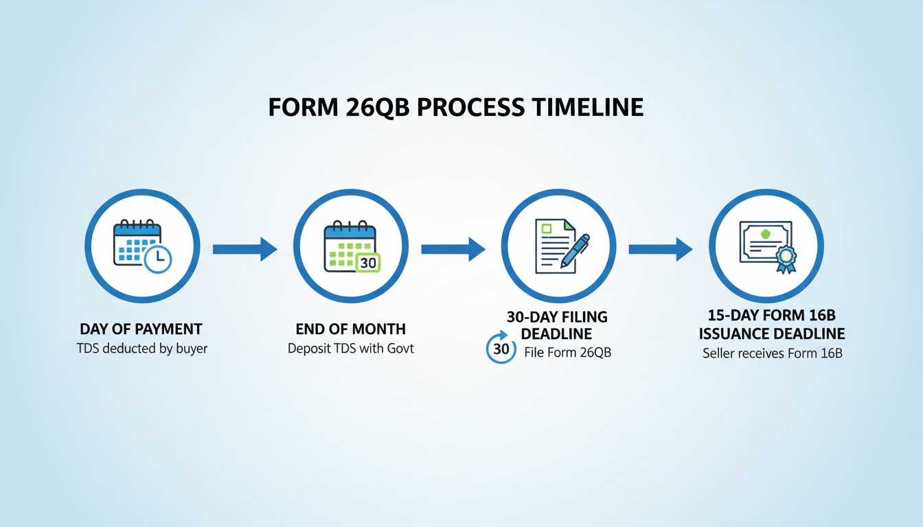 Form 26QB - A timeline infographic illustrating the Form 26QB process: Day of Payment -> End of Month -> 30-Day Filing Deadline -> 15-Day Form 16B Issuance Deadline.