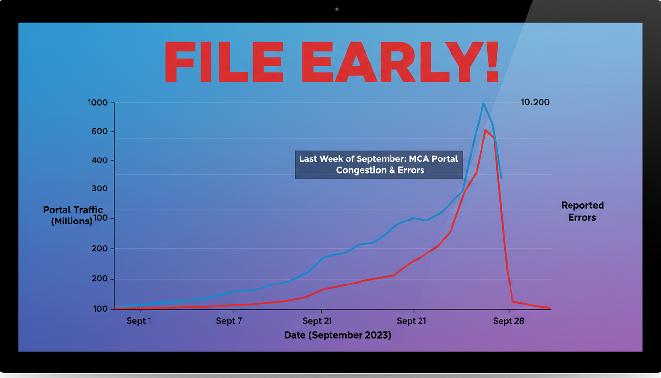 DIR-3 KYC Filing 2026: The Ultimate Guide to Avoid a ₹5,000 Penalty 3 DIR-3 KYC Filing - A data trend graph showing a spike in MCA portal traffic and reported errors in the last week of September, visually reinforcing the advice to file early.