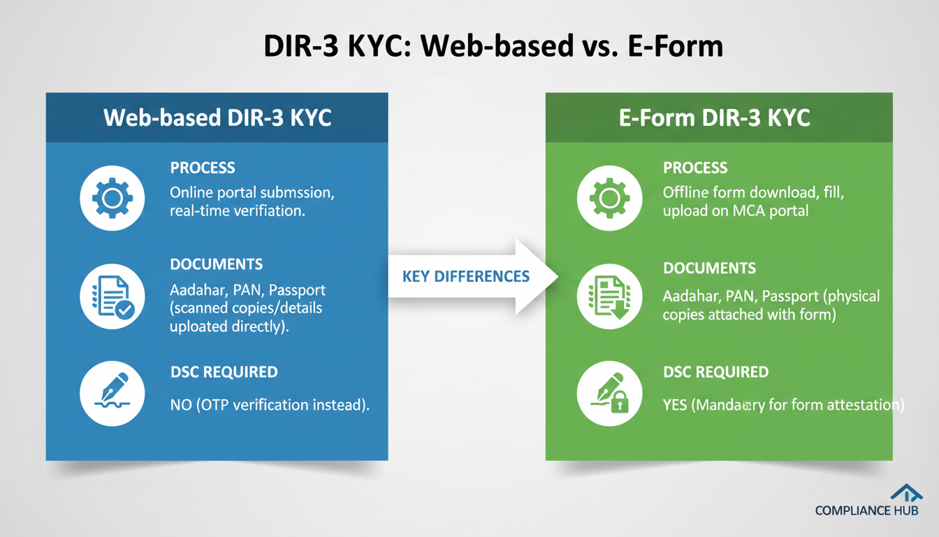 DIR-3 KYC Filing 2026: The Ultimate Guide to Avoid a ₹5,000 Penalty 1 DIR-3 KYC Filing - A clean, professional infographic visually comparing the key differences between Web-based DIR-3 KYC and E-Form DIR-3 KYC, using icons for 'Process', 'Documents', and 'DSC Required'.