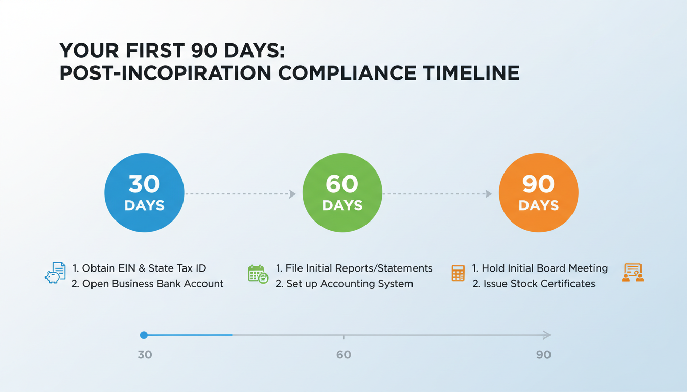 Certificate of Incorporation Download (2026): Get Your COI Online 2 Certificate of Incorporation download - A clean, modern infographic titled "Your First 90 Days: Post-Incorporation Compliance Timeline" showing key milestones at 30 days, 60 days, and 90 days.